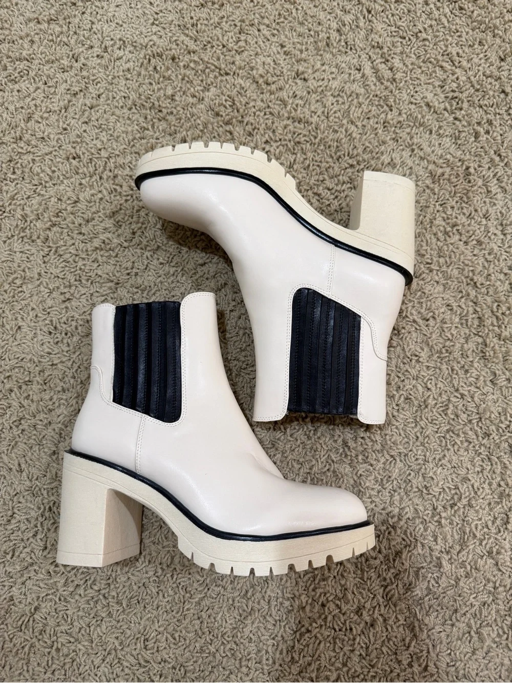 Cream Chelsea Chunky Heel Ankle Boots with Black Elastic Panels